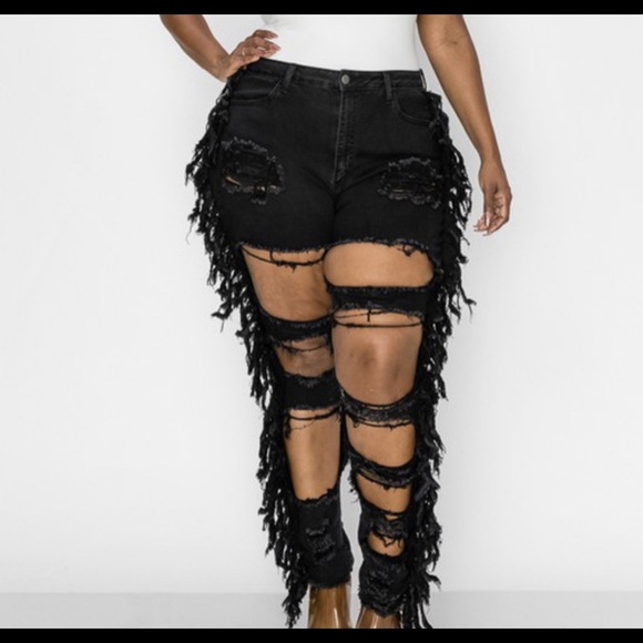 Plus Size Denim Distreesd Pants w/ Fringes - Picture 5 of 6